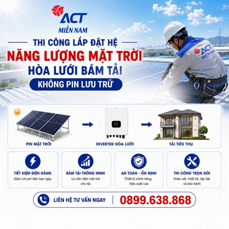 Thi công lắp đặt hệ NLMT hòa lưới bám tải không pin lưu trữ
